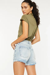 Kancan High Rise Raw Hem Denim Shorts OutfitFlow